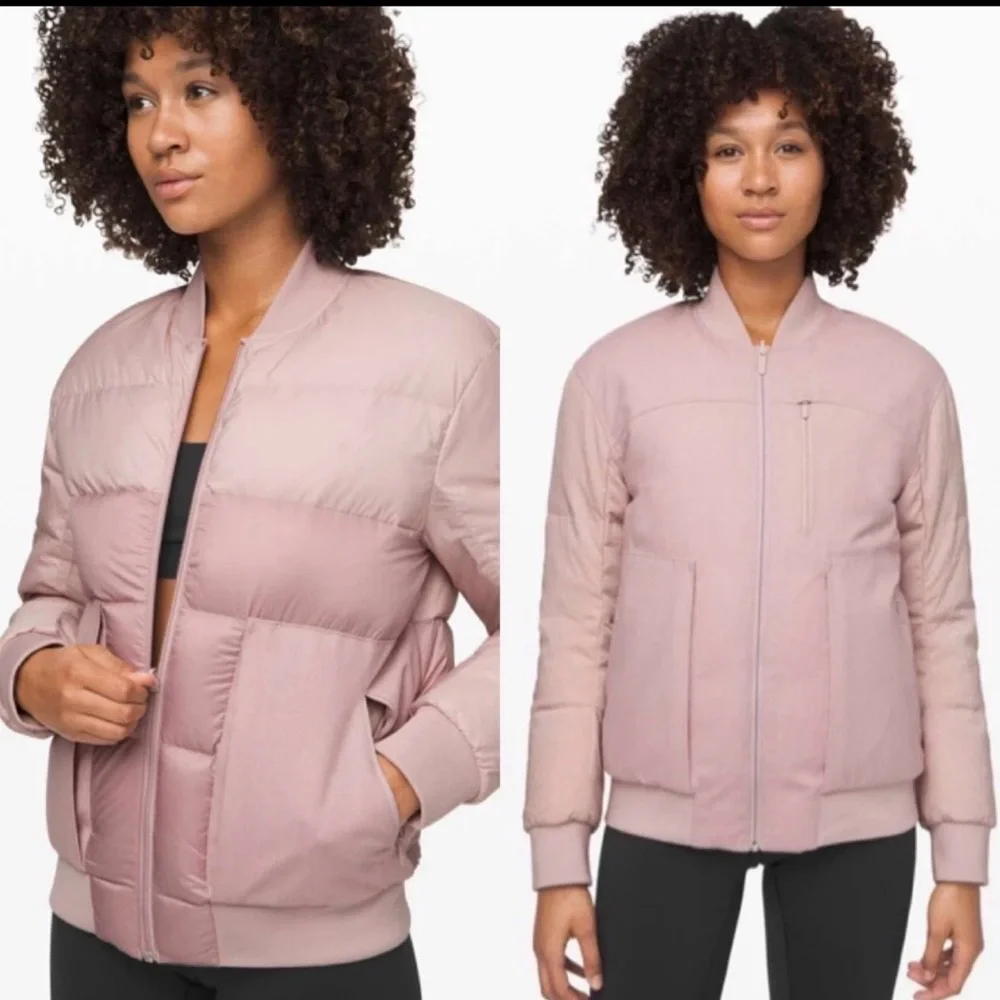 Lululemon Roam Far Reversible Wool Bomber Puff Down Jacket Porcelain Pink Size 6